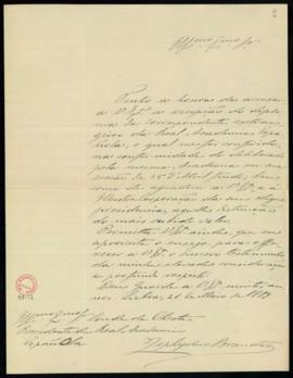 Carta de Zeferino Brandão al conde de Cheste [Juan de la Pezuela] en la que acusa recibo de su di...
