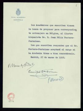 Propuesta del hispanista Jean Félix Peeters-Fontainas para correspondiente extranjero en Bélgica
