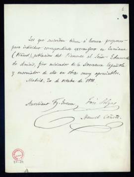 Propuesta firmada por Aureliano Fernández-Guerra, José Selgas y Manuel Cañete de Edmundo de Amici...