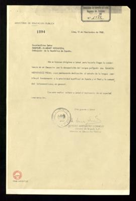 Fotocopia de la carta de Alfredo Arrisueño Cornejo, ministro de Educación Pública, a Manuel Alaba...