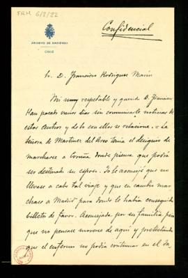 Carta de Antonio Alcalá Venceslada a Francisco Rodríguez Marín en la que le pone al día de las pe...