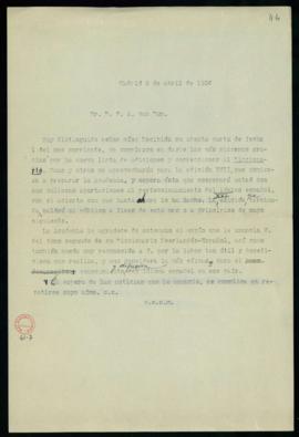 Minuta de la carta de Julio Casares a C. F. Adolf van Dam en la que agradece la nueva lista de ad...