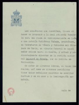 Propuesta firmada por Leopoldo Eijo Garay, Vicente García de Diego y J[oaquín]. Álvarez Quintero ...