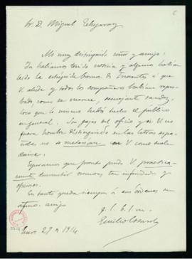 Carta del secretario, Emilio Cotarelo, a Miguel Echegaray en la que le traslada la reprobación de...