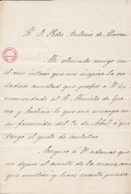Carta de Juan de Zavala a Pedro Antonio de Alarcón en la que le contesta que ha recomendado al mi...