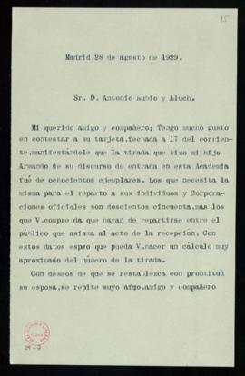 Minuta de la carta de Emilio Cotarelo a Antonio Rubió y Lluch en la que le indica que la tirada q...