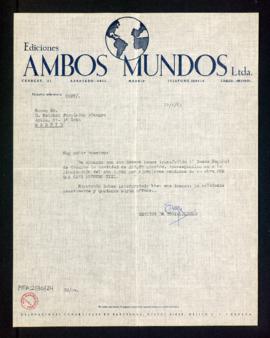Carta de la sección de Contabilidad de Ediciones Ambos Mundos a Melchor Fernández Almagro en la q...