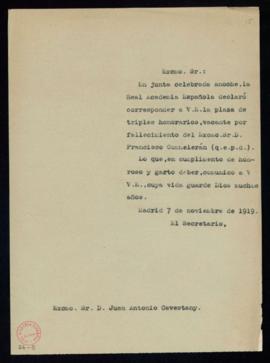 Copia sin firma del oficio del secretario [Emilio Cotarelo] a Juan Antonio Cavestany de traslado ...