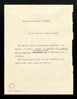 Minuta sin firma de la carta [de Emilio Cotarelo] a Narciso Alonso Cortés para informarle de que ...