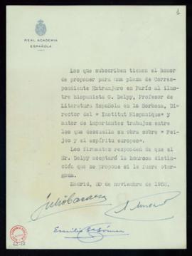 Propuesta del hispanista G. Delpy, profesor de Literatura española en la Soborna, como académico ...