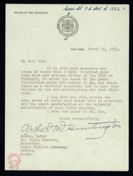 Carta de Archer M. Huntington a Julio Casares en la que expresa su agradecimiento por el honor de...