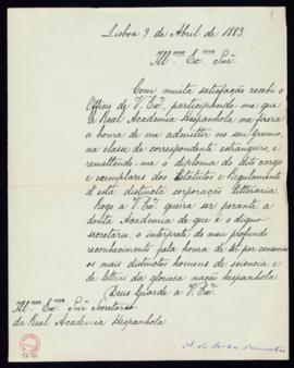 Carta de Antonio de Serpa Pimentel al secretario [Manuel Tamayo y Baus] en la que acusa recibo de...