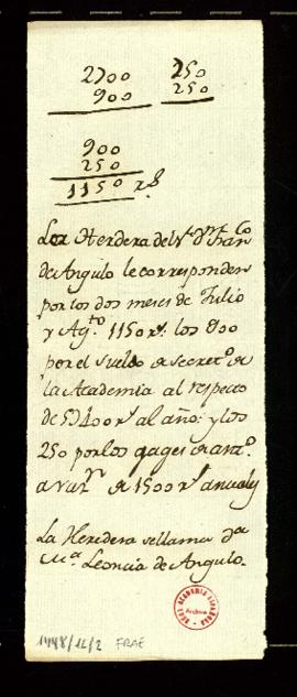 Nota sobre la cantidad que se adeuda a la heredera de Francisco Antonio de Angulo, Leoncia de Angulo