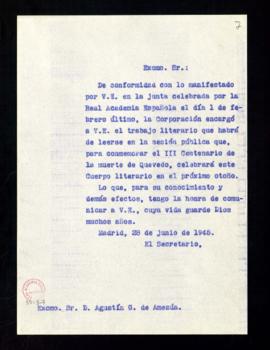 Copia sin firma del oficio del secretario a Agustín G. de Amezúa de traslado con lo manifestado e...
