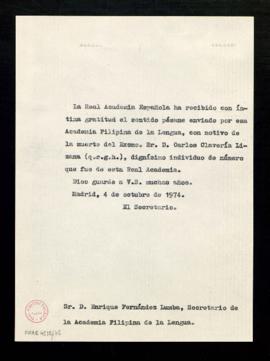 Copia sin firma del oficio de agradecimiento del secretario, Alonso Zamora Vicente, a Enrique Fer...