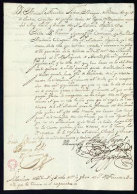 Orden del marqués de Villena de libramiento a favor de Fernando Bustillo de 515 reales y 2 marave...