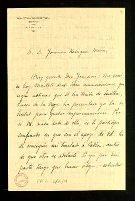 Carta de Antonio Alcalá Venceslada a Francisco Rodríguez Marín en la que le anuncia que Lasso de ...