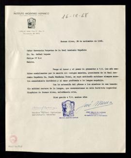 Carta de José Mella Alfageme y Manuel Iglesias, vicepresidente y secretario del Instituto Argenti...