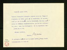 Carta de Azorín a Melchor Fernández Almagro en la que dice que no encuentra el artículo de 1893, ...