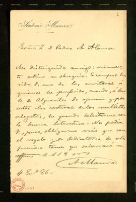 Carta de Antonio Maura a Pedro [Antonio] de Alarcón en la que agradece el libro dedicado que le h...