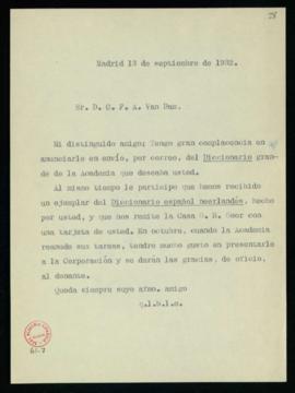 Minuta de la carta de Emilio Cotarelo a C. F. Adolf van Dam en la que le comunica el envío de un ...