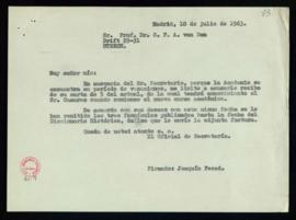 Minuta de la carta de Joaquín Feced a C. F. Adolf van Dam en la que acusa recibo de la suya del 5...