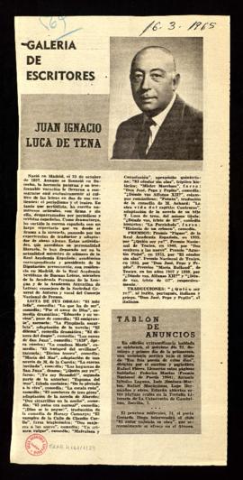Recorte [de ABC] con el artículo de la sección Galería de escritores, Juan Ignacio Luca de Tena