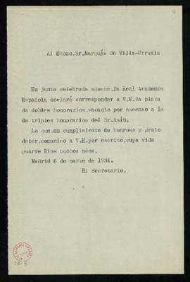 Minuta del oficio del secretario [Emilio Cotarelo] al marqués de Villaurrutia, de comunicación de...