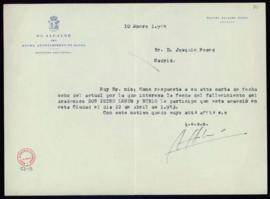 Carta del alcalde de Zafra a Joaquín Feced en la que le comunica que Pedro Lemus y Rubio falleció...