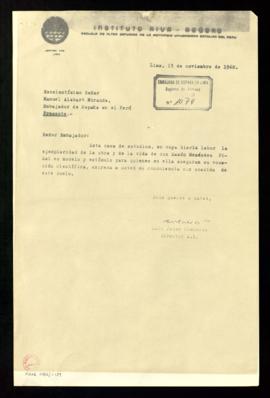 Fotocopia de la carta de Luis Jaime Cisneros, director del Instituto Riva-Agüero, a Manuel Alabar...