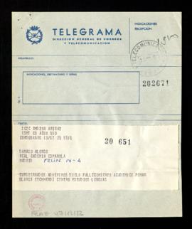 Telegrama de Blanca Etchemendy, del Centro de Estudios de la Lengua, a Dámaso Alonso con el que s...