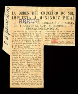 Recorte del diario Arriba con la noticia La Orden del Cruceiro do Sul, impuesta a Menéndez Pidal