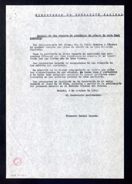 Copia del anuncio del secretario accidental, Rafael Lapesa, al ministerio de Educación Nacional d...
