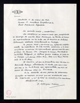 Carta de Antonio Rodríguez-Moñino al secretario de la Real Academia Española para informarle del ...