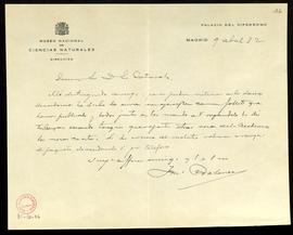 Carta de Ignacio Bolívar, director del Museo Nacional de Ciencias Naturales, a Emilio Cotarelo en...