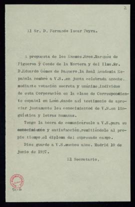 Copia sin firma del oficio del secretario a Fernando Íscar Peyra de comunicación de su nombramien...