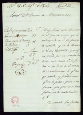 Carta de José Vizcaíno a Juan de Alamanzón en la que le pide que le pague la cantidad de 94 reale...