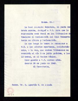 Copia sin firma del oficio del secretario a Agustín G. de Amezúa de traslado de su designación co...