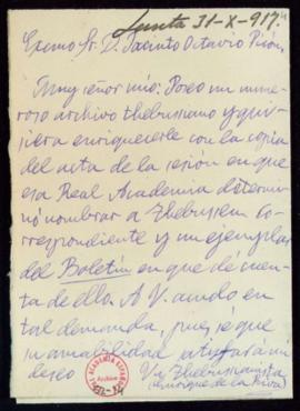 Carta de Enrique de la Riva a Jacinto Octavio Picón en la que le solicita una copia del acta de l...