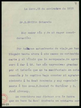 Minuta de la carta de Miguel de Toro y Gisbert a Emilio Cotarelo en la que acusa recibo del títul...