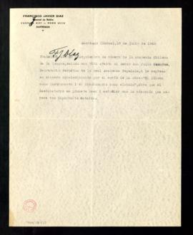 Carta de Francisco Javier Díaz a Julio Casares para agradecerle el envío de un ejemplar de El idi...