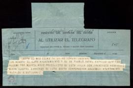 Telegrama de pésame de A. Gutiérrez, alcalde de Osuna, al secretario [Julio Casares] por la muert...