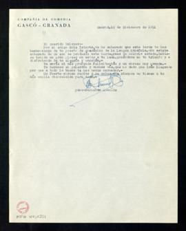 Carta de Fernando Granada, de la compañía de Comedia Gascó de Granada, a Melchor Fernández Almagr...