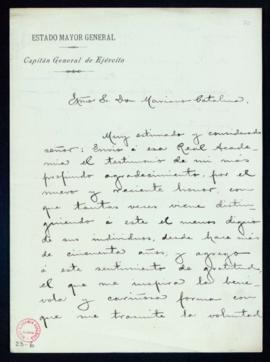 Carta de Juan de la Pezuela al secretario, Mariano Catalina, por la que agradece la felicitación ...