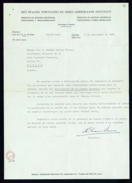Carta de C. F. Adolf van Dam a Rafael Lapesa con la que le remite 320 notas para la próxima edici...