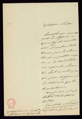 Carta de Cándido Nocedal al secretario [Manuel Bretón de los Herreros] con la que remite su discu...