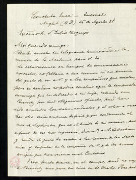 Carta del marqués de Lema a Julio Urquijo en la que le dice que lamenta mucho no acudir a la reun...