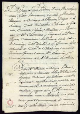 Orden del marqués de Villena de abonos a los señores académicos por asistencias, gajes y demás en...
