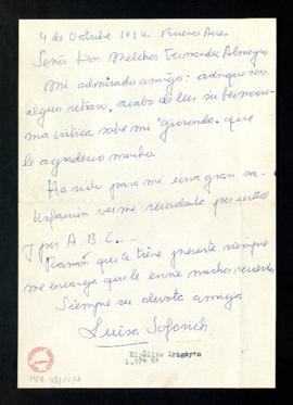 Carta de Luis Sofovich a Melchor Fernández Almagro en la que le agradece su hermosa crítica sobre...