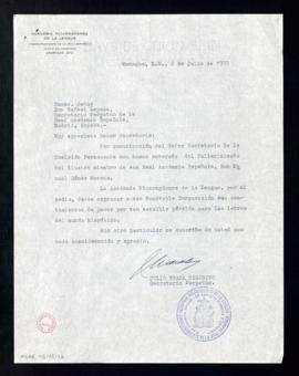 Carta de Julio Ycaza Tejerino, secretario de la Academia Nicaragüense de la Lengua, a Rafael Lape...